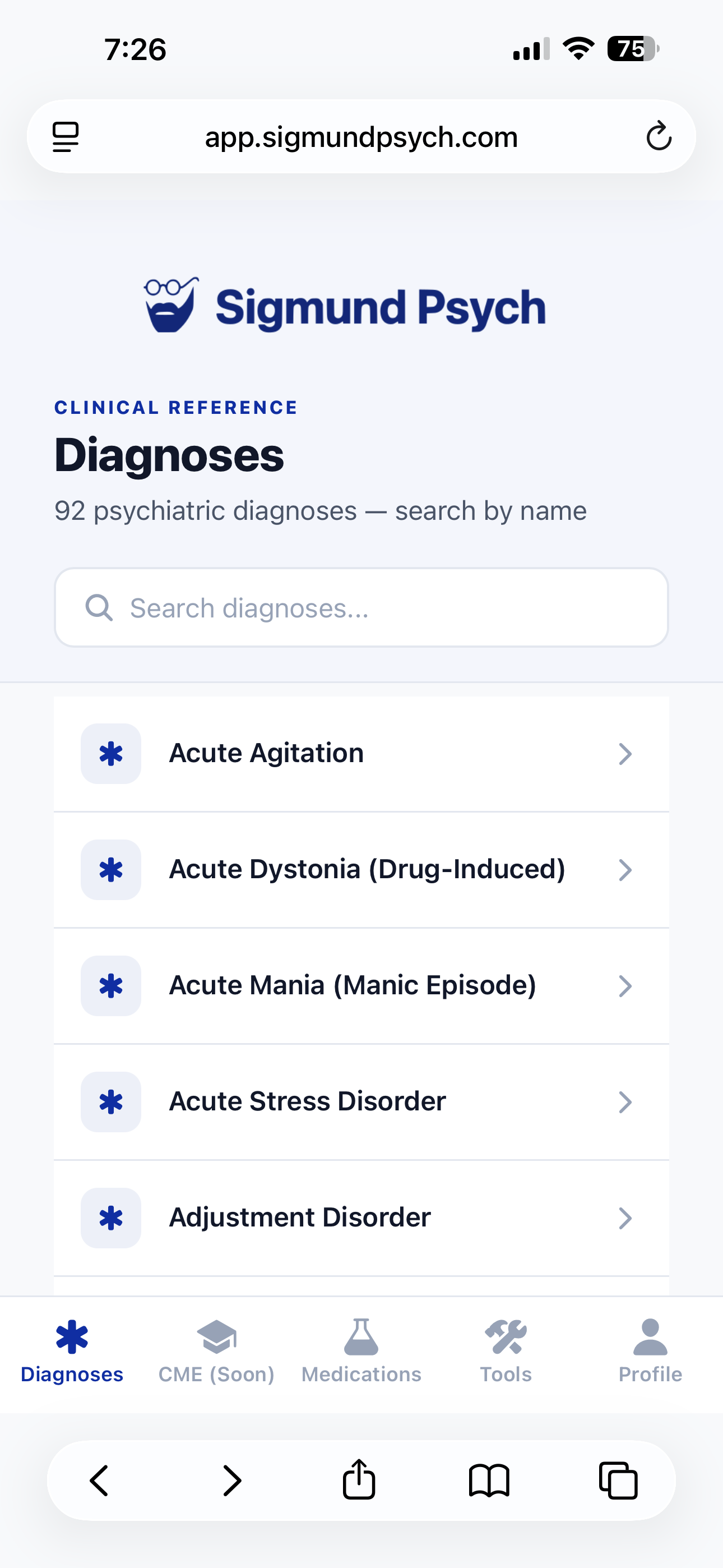Diagnoses tab showing a searchable list of 92 psychiatric diagnoses including Acute Agitation, Acute Mania, Acute Stress Disorder, and Adjustment Disorder