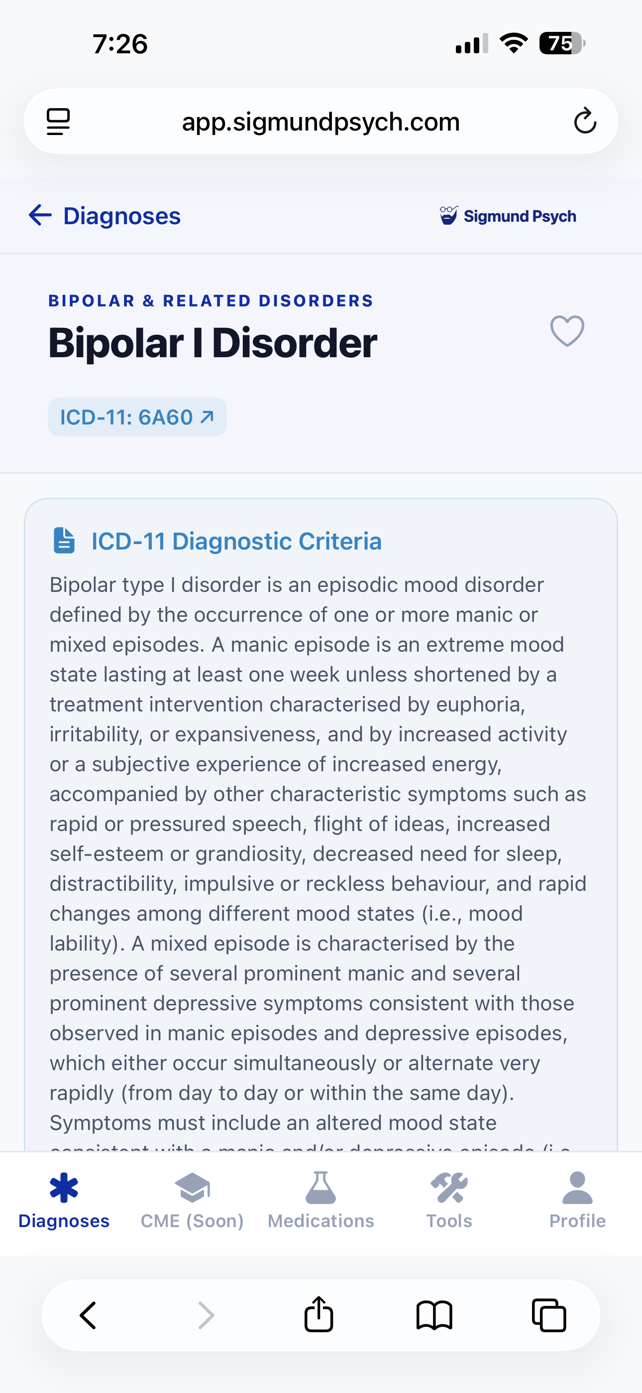 Bipolar I Disorder detail screen with ICD-11 code 6A60 and full ICD-11 diagnostic description