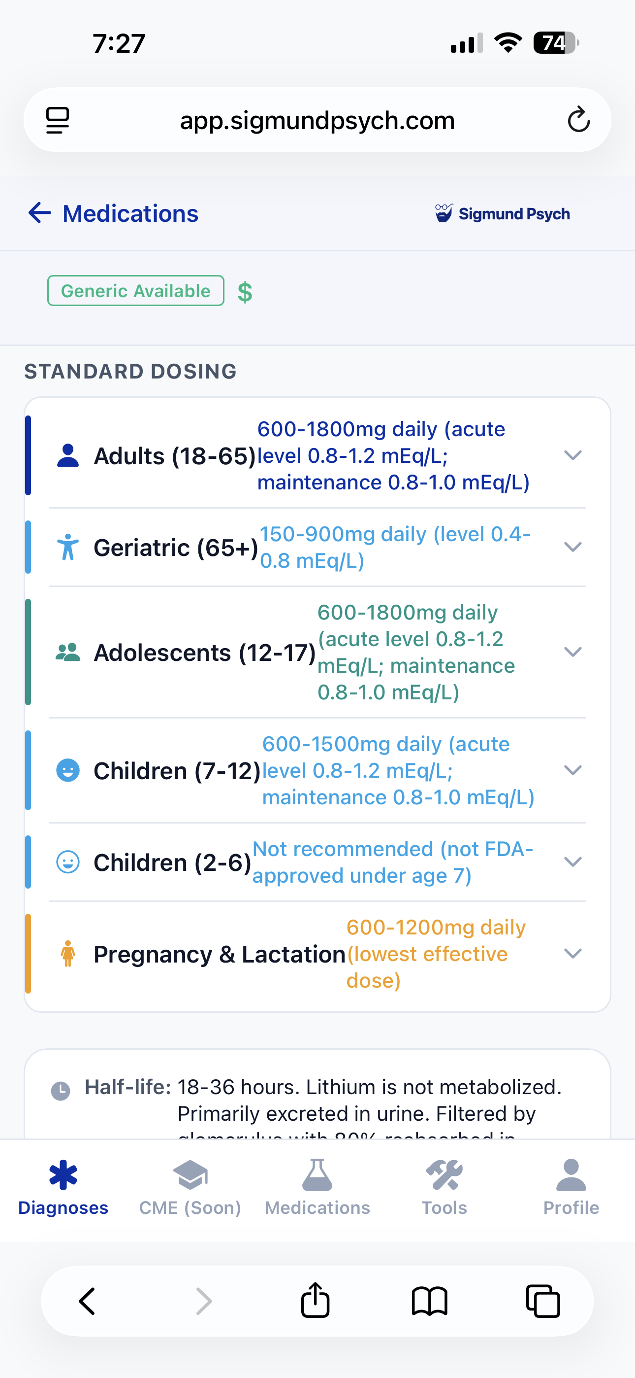 Lithium dosing by patient population in Sigmund Psych — with separate dosing ranges for Adults 18-65, Geriatric 65+, Adolescents 12-17, Children 7-12, Children 2-6, and Pregnancy & Lactation