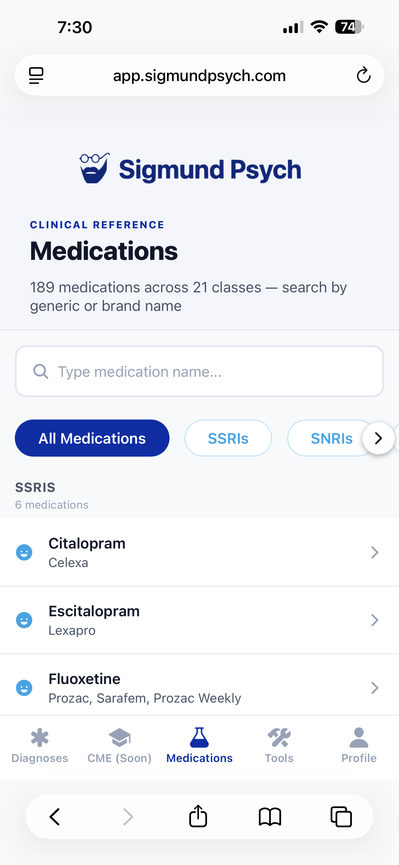 Medications tab showing 189 medications across 21 classes, with filters for All Medications, SSRIs, and SNRIs